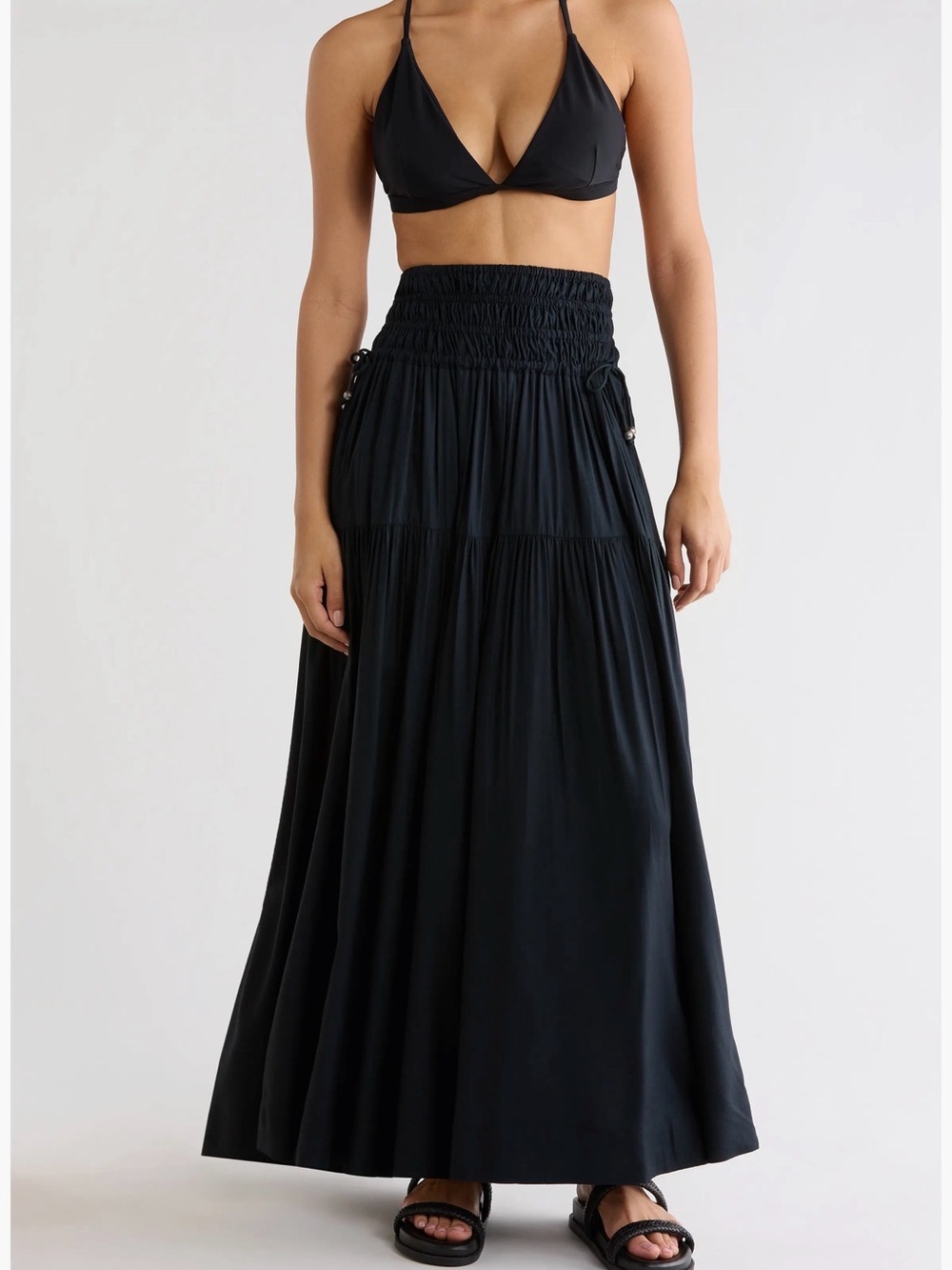 Elan Black Smocked Waist Maxi cover up Skirt - Women